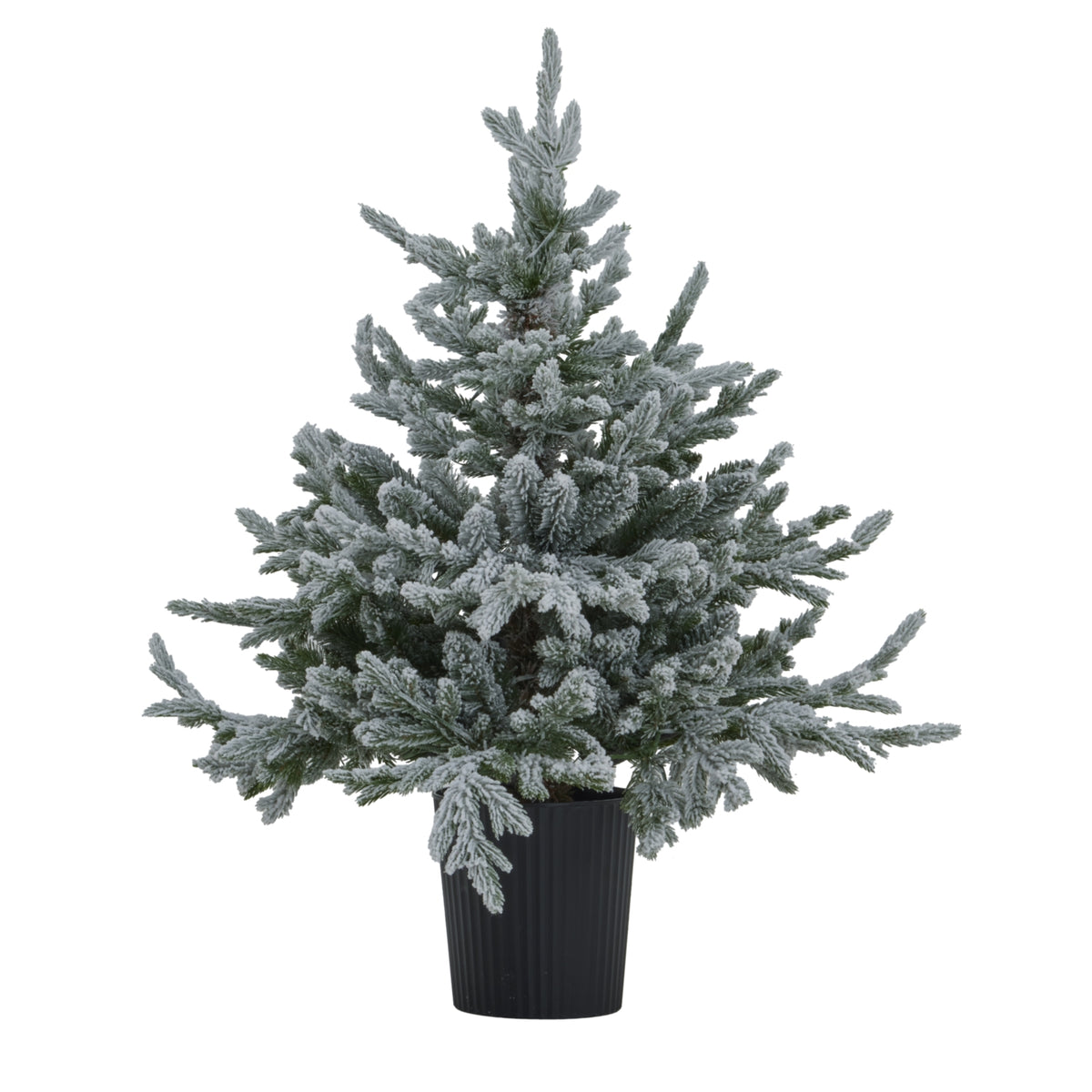 Full view of the artificial tree with heavily snow-coated green branches and a black vertically ribbed pot, shown without a visible light glow.