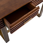 Close view from above of one drawer shown open, with its ridged brown front and slim gold-tone bar handle.