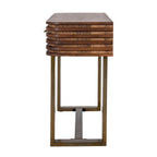 End view of the console showing its ridged brown side above tall gold-tone rectangular loop supports and the low connecting bar.