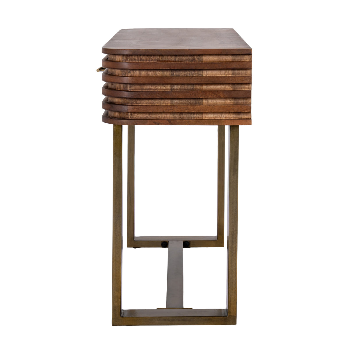 End view of the console showing its ridged brown side above tall gold-tone rectangular loop supports and the low connecting bar.
