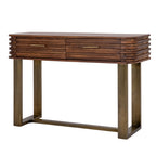 Angled front view of the Ridge Loop Console Table with two ridged brown drawer fronts, slim gold-tone handles and rectangular loop supports.
