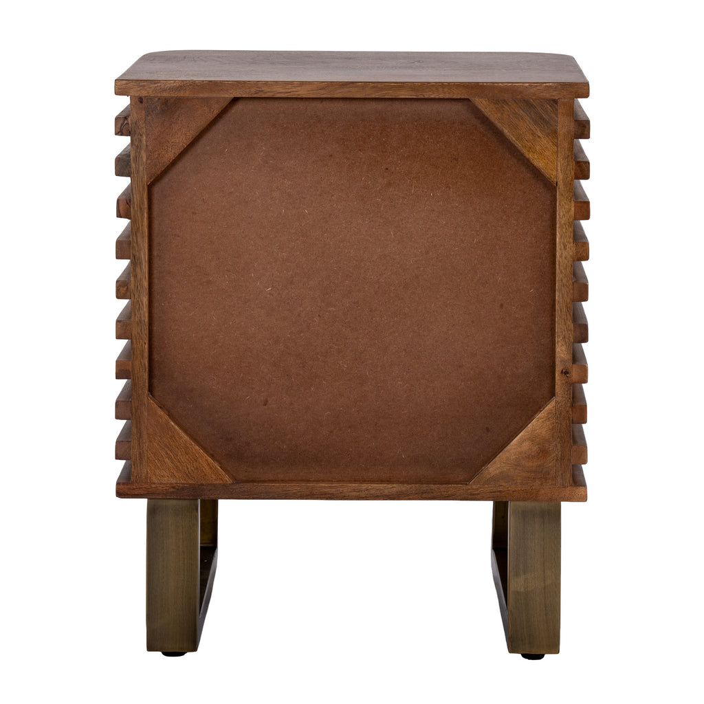 Rear view of the Ridge Loop Side Table, showing a plain brown back panel, triangular corner details, ridged side edges and gold-toned bases.