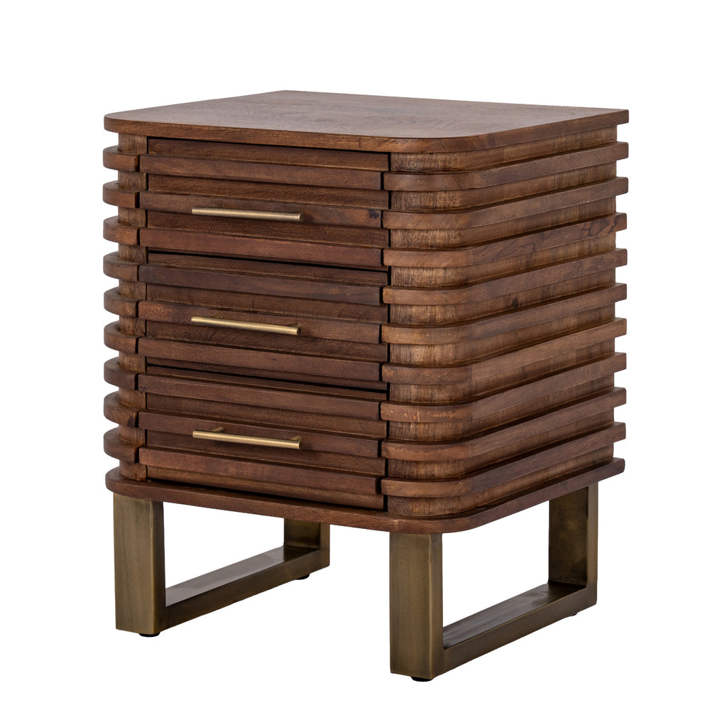 Angled view of the brown Ridge Loop Side Table, showing three ridged drawer fronts, gold-toned bar handles and open loop bases.