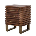 Angled view of the brown Ridge Loop Side Table, showing three ridged drawer fronts, gold-toned bar handles and open loop bases.
