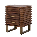 Angled view of the brown Ridge Loop Side Table, showing three ridged drawer fronts, gold-toned bar handles and open loop bases.