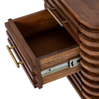 Close-up of an open drawer on the Ridge Loop Side Table, with its brown interior, gold-toned bar handle and exposed runner visible.
