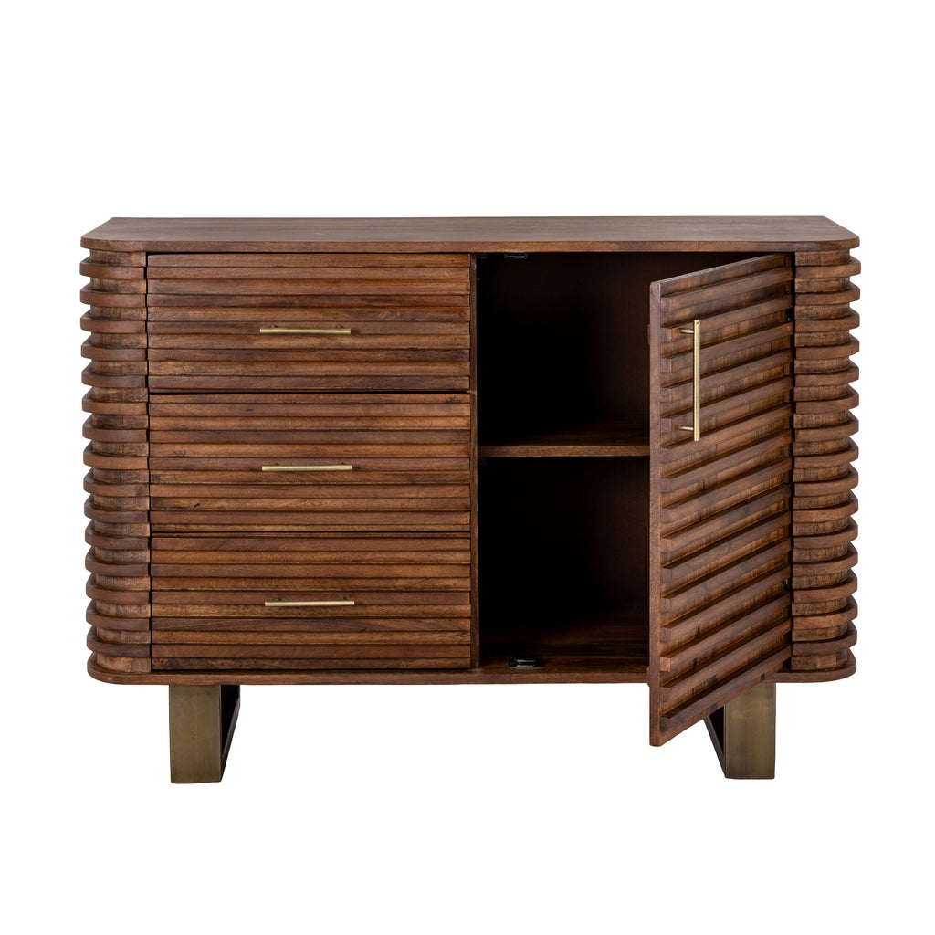 Front view of the sideboard with its right-hand door open, showing a shelf-divided cabinet bay beside three closed drawers.