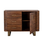 Front view of the sideboard with its right-hand door open, showing a shelf-divided cabinet bay beside three closed drawers.