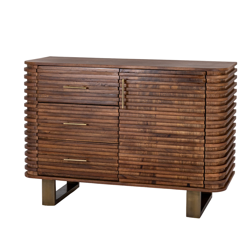 Angled view of a brown ridged sideboard with three drawers on the left, a door on the right, gold-toned handles and two loop bases.