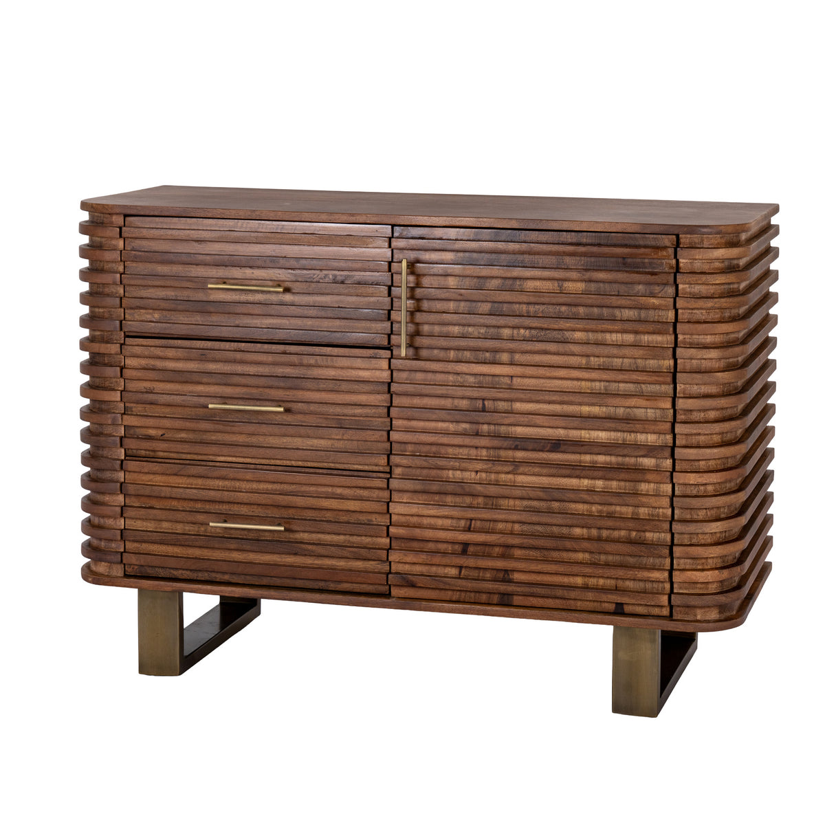 Angled view of a brown ridged sideboard with three drawers on the left, a door on the right, gold-toned handles and two loop bases.
