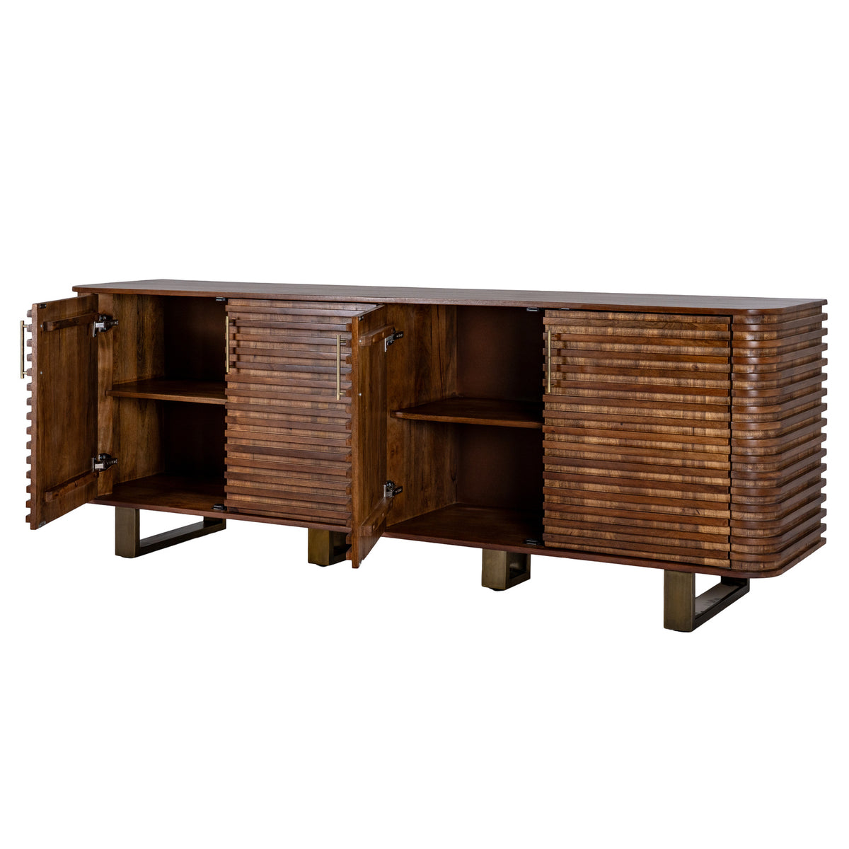 Brown ridged sideboard with two doors open, revealing two broad interior bays divided by shelves.