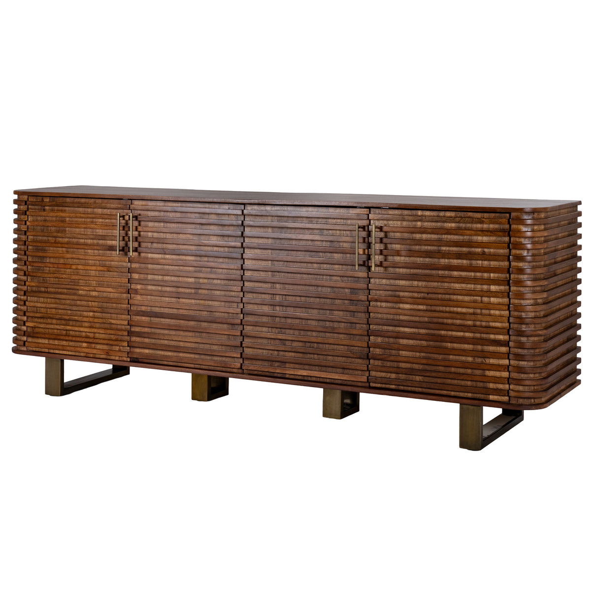 Angled front view of the brown four-door sideboard with horizontal ridges, rounded ends, gold-toned bar handles and low loop bases.