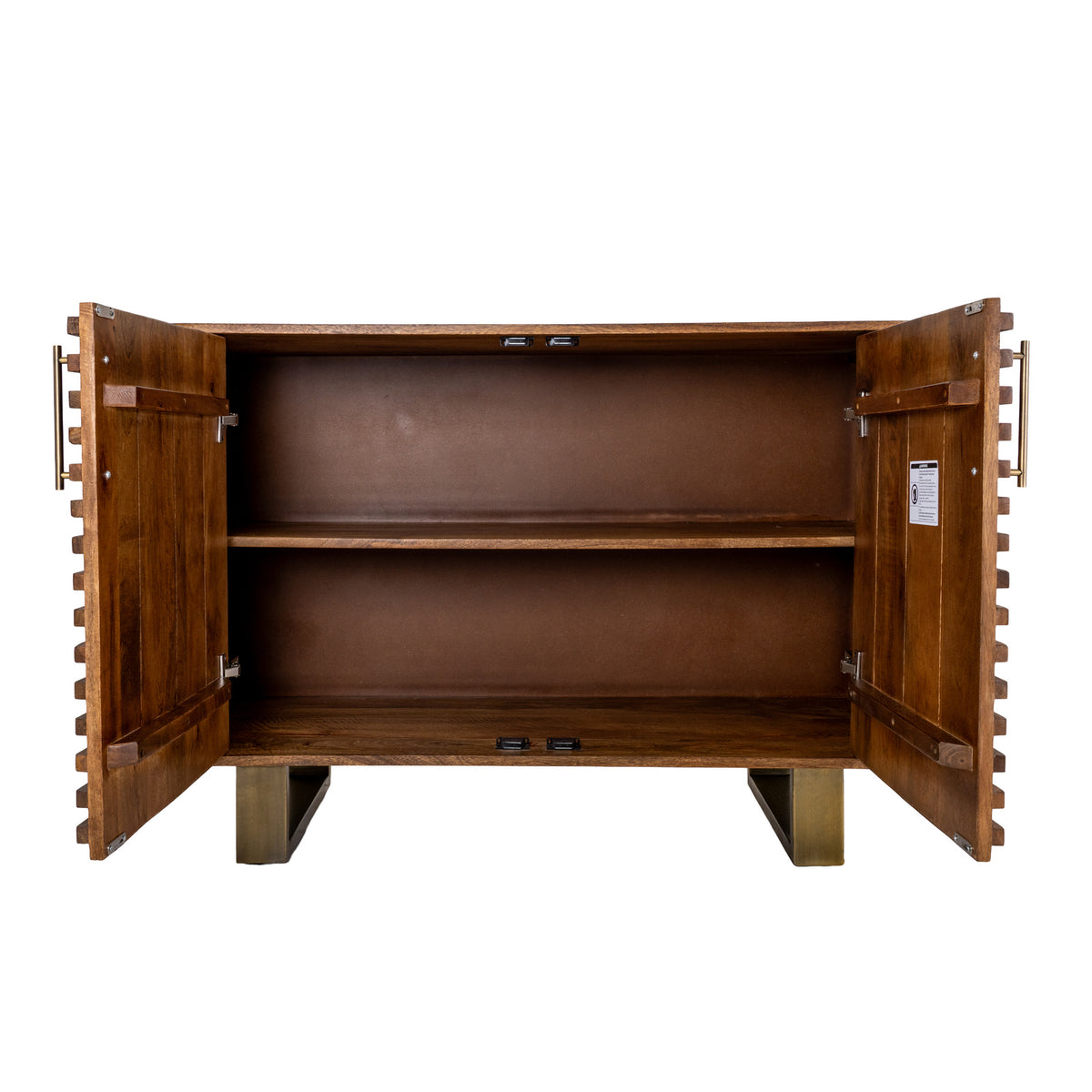 Front view of the sideboard with both doors open, showing a wide shelf-divided brown interior and loop bases below.