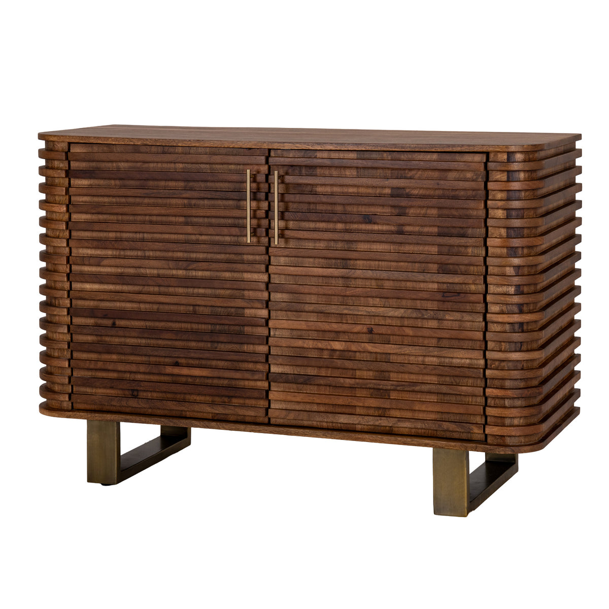 Three-quarter view of the brown two-door Ridge Loop Sideboard with horizontal ridges, rounded front corners, gold-toned handles and loop bases.