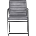 Front view of a grey leather dining armchair with a horizontally ridged back, upholstered armrests and slim black metal frame.