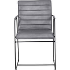 Front view of a grey leather dining armchair with a horizontally ridged back, upholstered armrests and slim black metal frame.