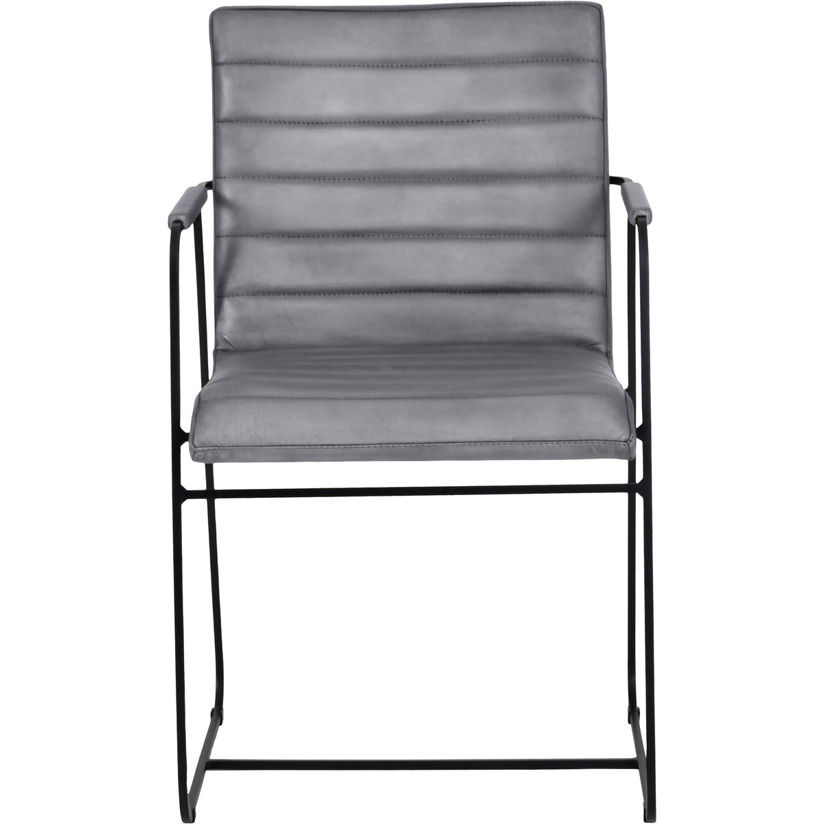 Front view of a grey leather dining armchair with a horizontally ridged back, upholstered armrests and slim black metal frame.