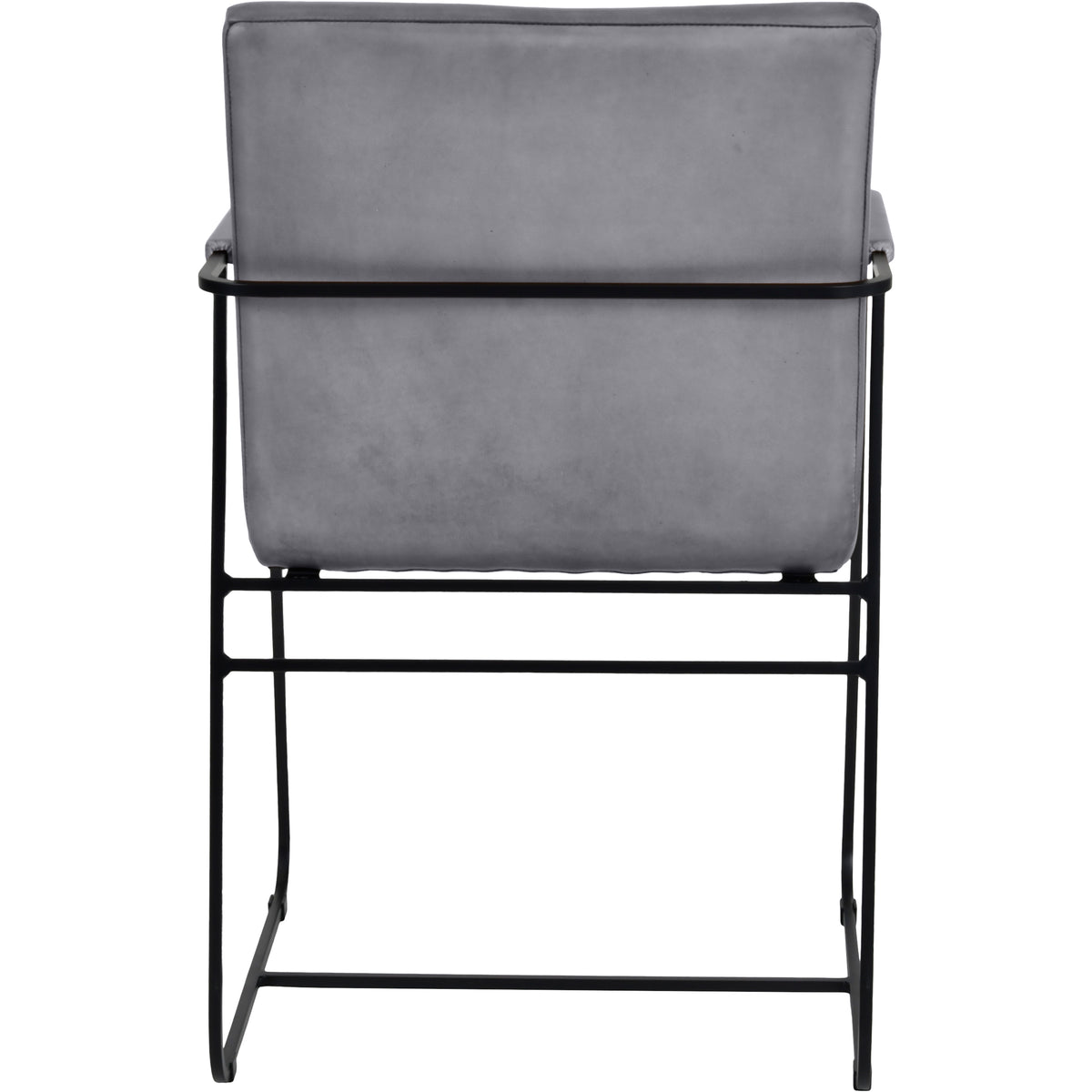 Rear view of the dining armchair with a plain grey upholstered back and a black metal rail running behind it.