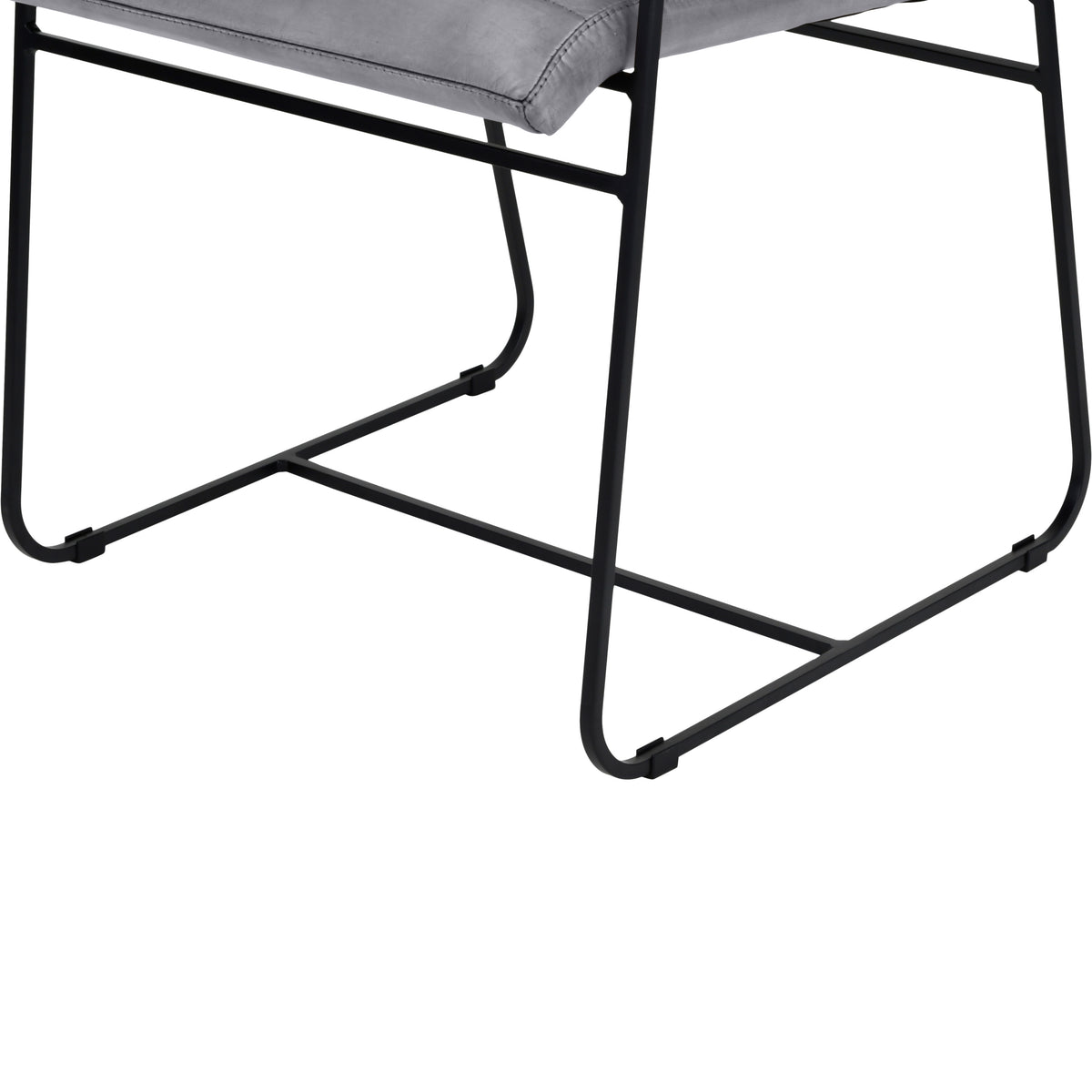 Detail of the dining chair's black metal base showing curved side rails, a connecting crossbar and the grey seat edge above.