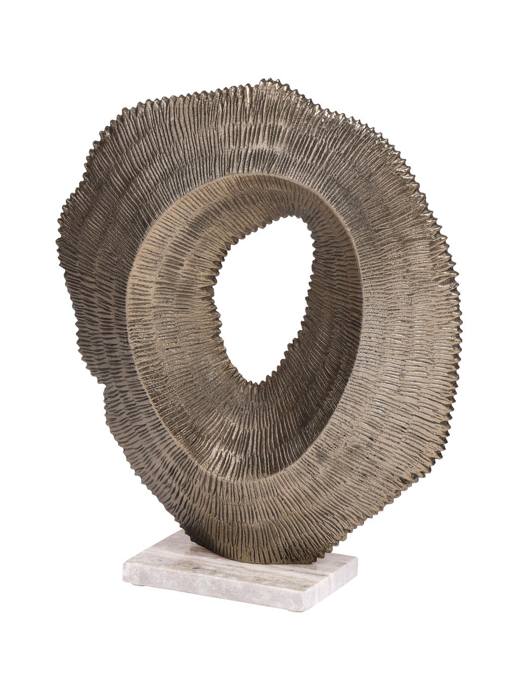 Angled view showing the curved ridged face and projecting inner rim of the antique gold sculpture on its marble base.