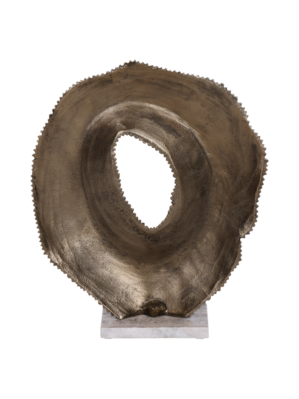 Rear view of the hollow sculpture showing its curved gold surface, uneven outer edge and pale marble base.