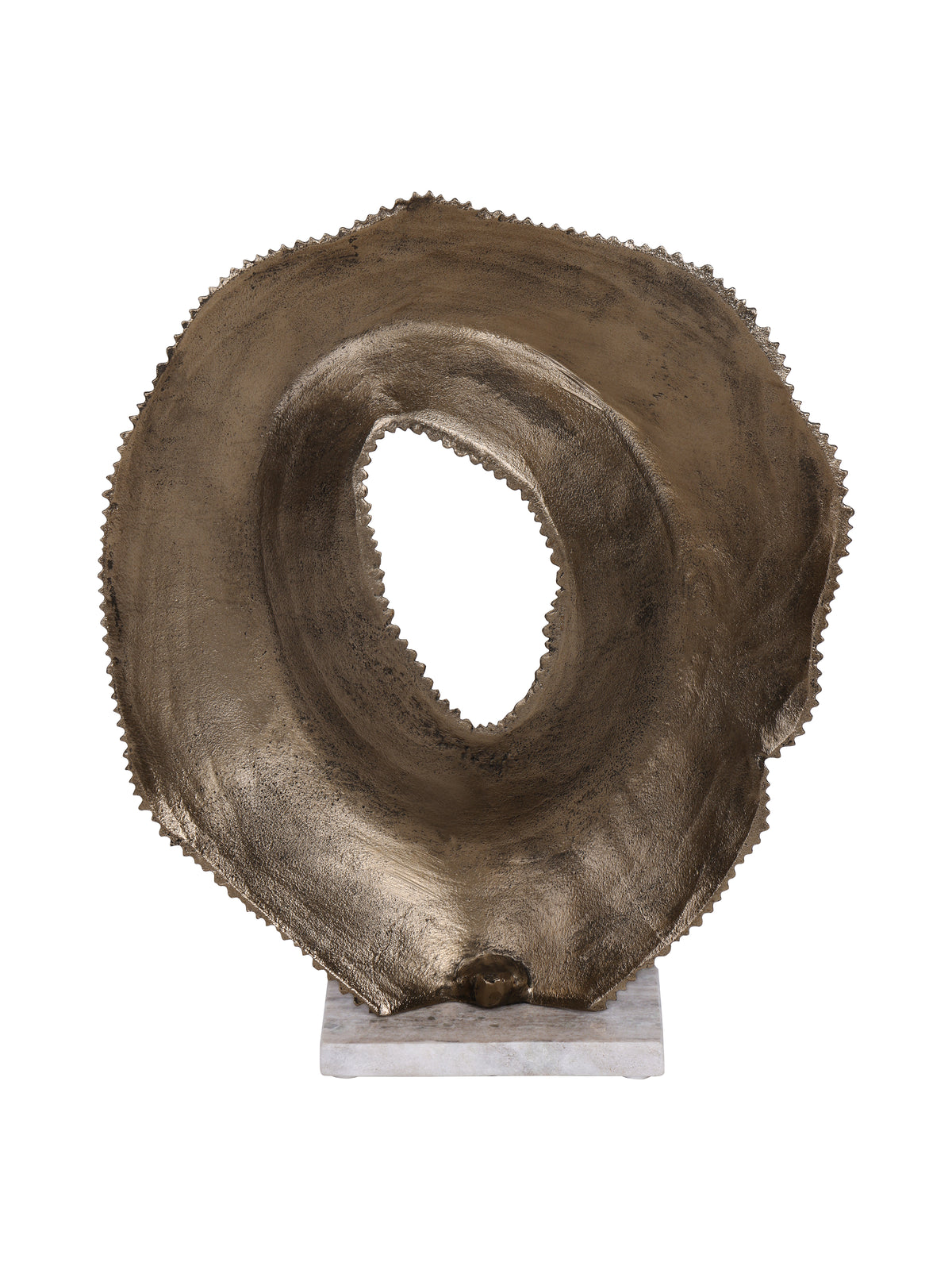 Rear view of the hollow sculpture showing its curved gold surface, uneven outer edge and pale marble base.