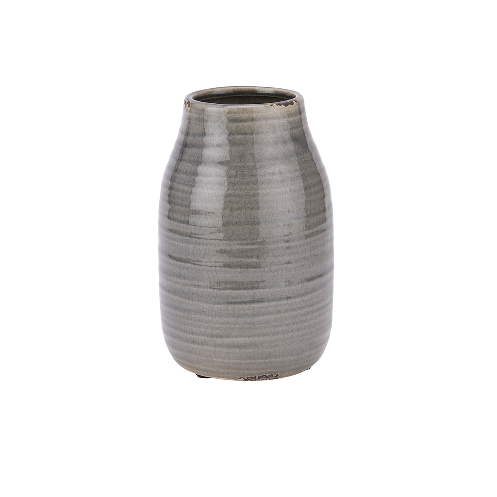 Full view of a grey ovoid vase with rounded shoulders, a narrow mouth and horizontal ridges around the lower body.