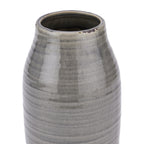 Close-up of the vase's open rim and shoulders, showing fine crackle lines in the glossy grey glaze and dark worn-looking marks along the edge.