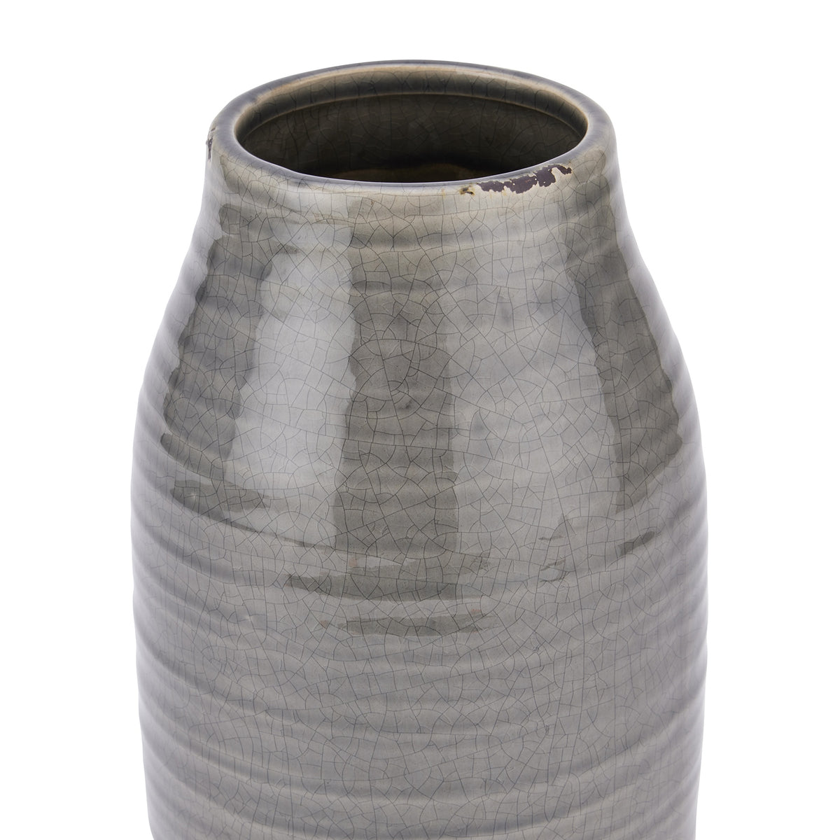Close-up of the vase's open rim and shoulders, showing fine crackle lines in the glossy grey glaze and dark worn-looking marks along the edge.
