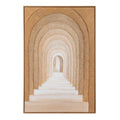 Portrait artwork in a golden-brown frame, showing ridged-looking sandy arches receding above pale steps towards a small central opening.