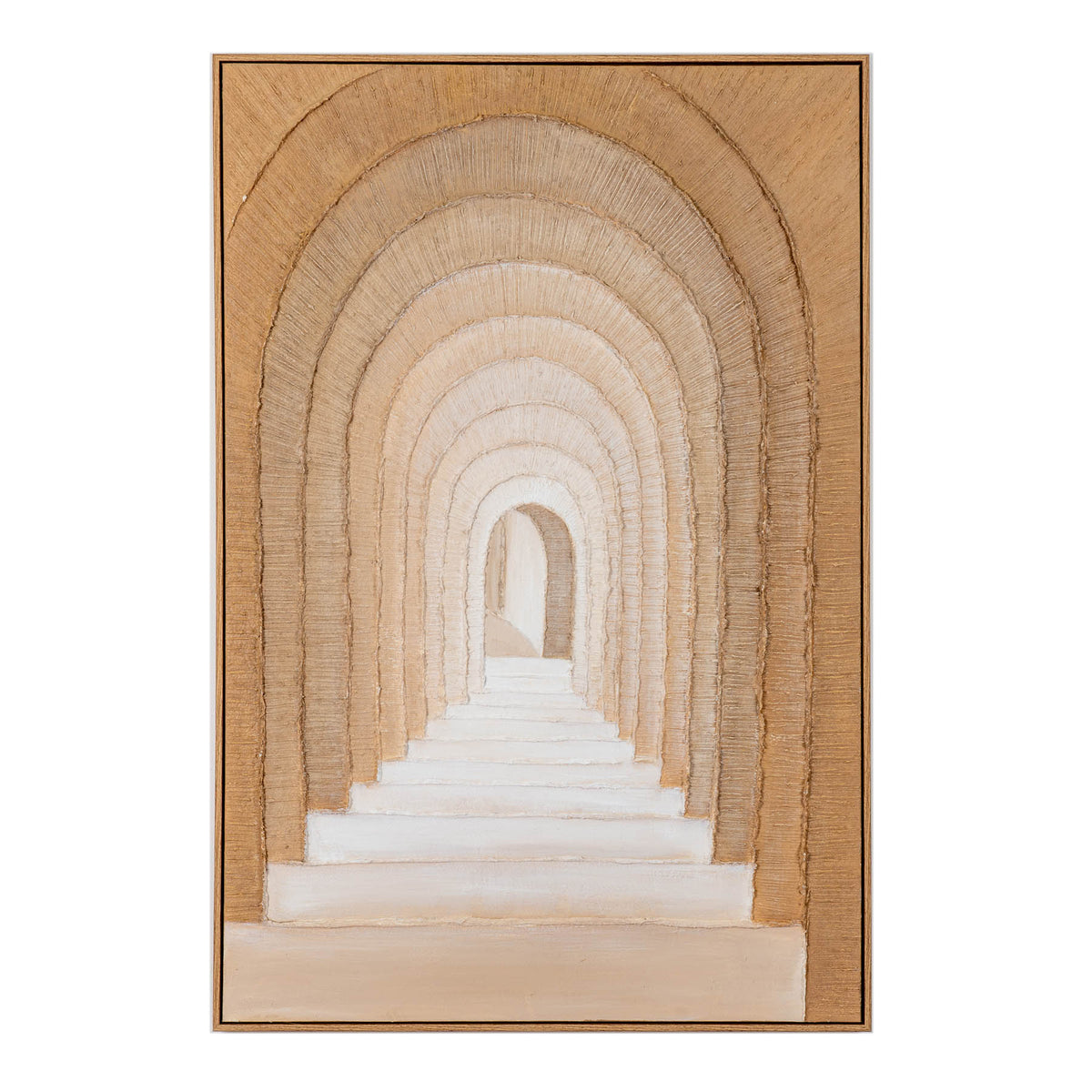 Portrait artwork in a golden-brown frame, showing ridged-looking sandy arches receding above pale steps towards a small central opening.