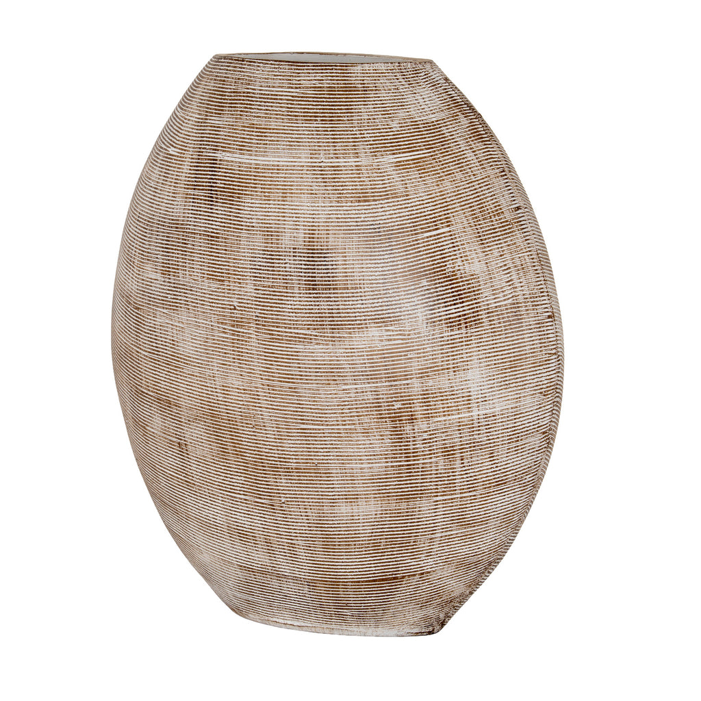 Broad view of a brown-toned vase with rounded sides, sloping shoulders and fine pale horizontal ridges crossing raised vertical edges.