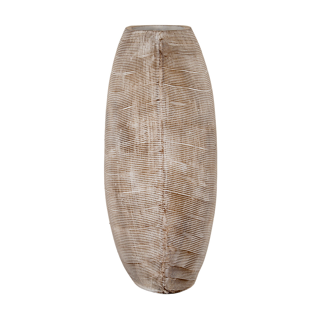 Narrow side view of the ridged vase, showing its open mouth and a projecting central edge where the pale lines bend across the brown surface.