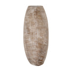 Narrow side view of the ridged vase, showing its open mouth and a projecting central edge where the pale lines bend across the brown surface.