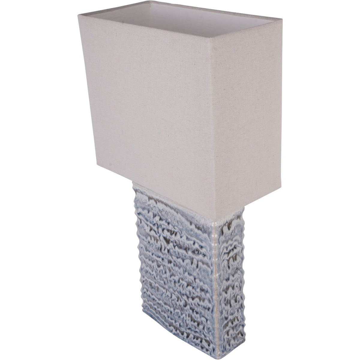 Elevated angled view of the lamp showing the open top of the rectangular shade and textured front and side of the base.