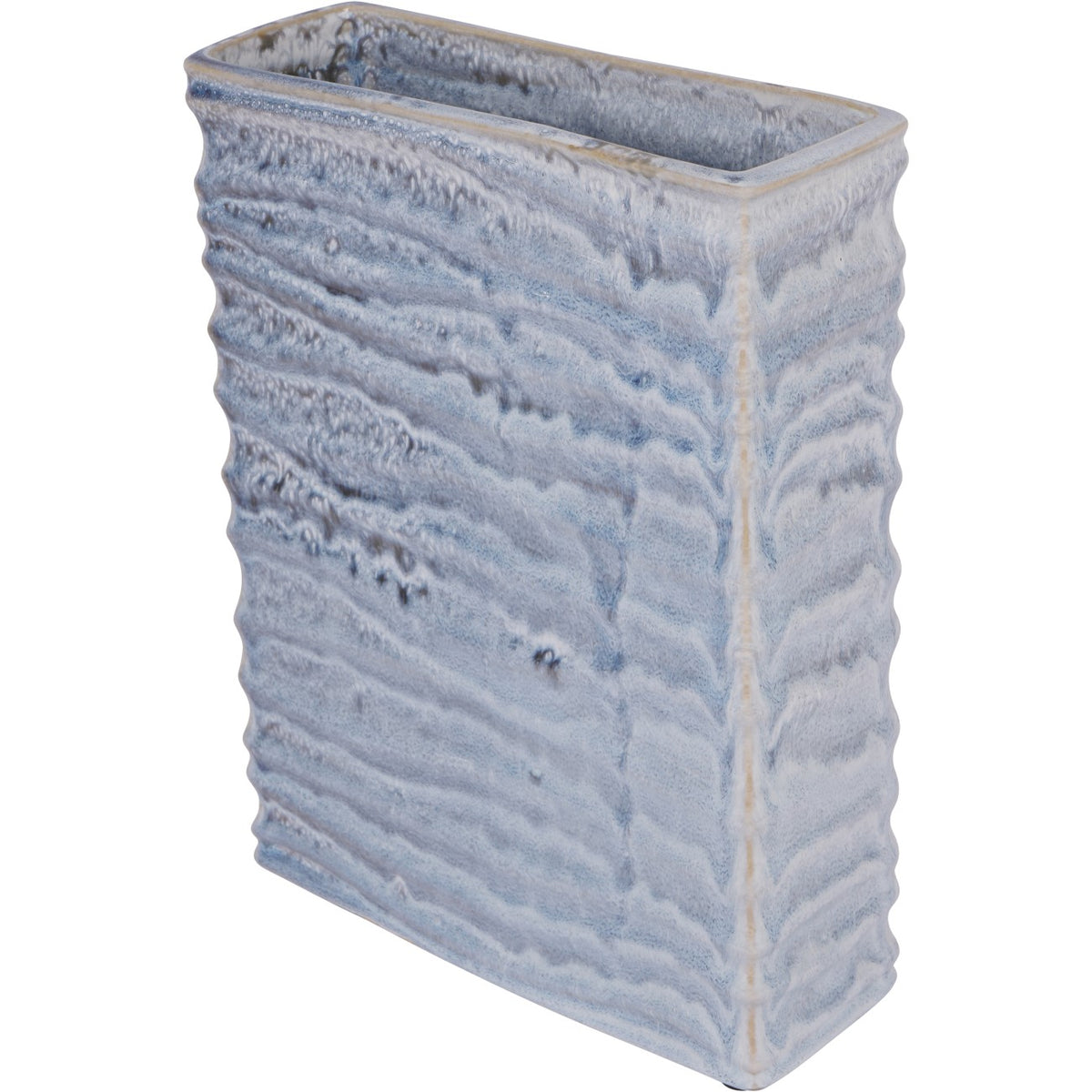 Three-quarter view of the Rill Vase showing its blue-grey rippled face, short side and cream-edged rectangular opening.