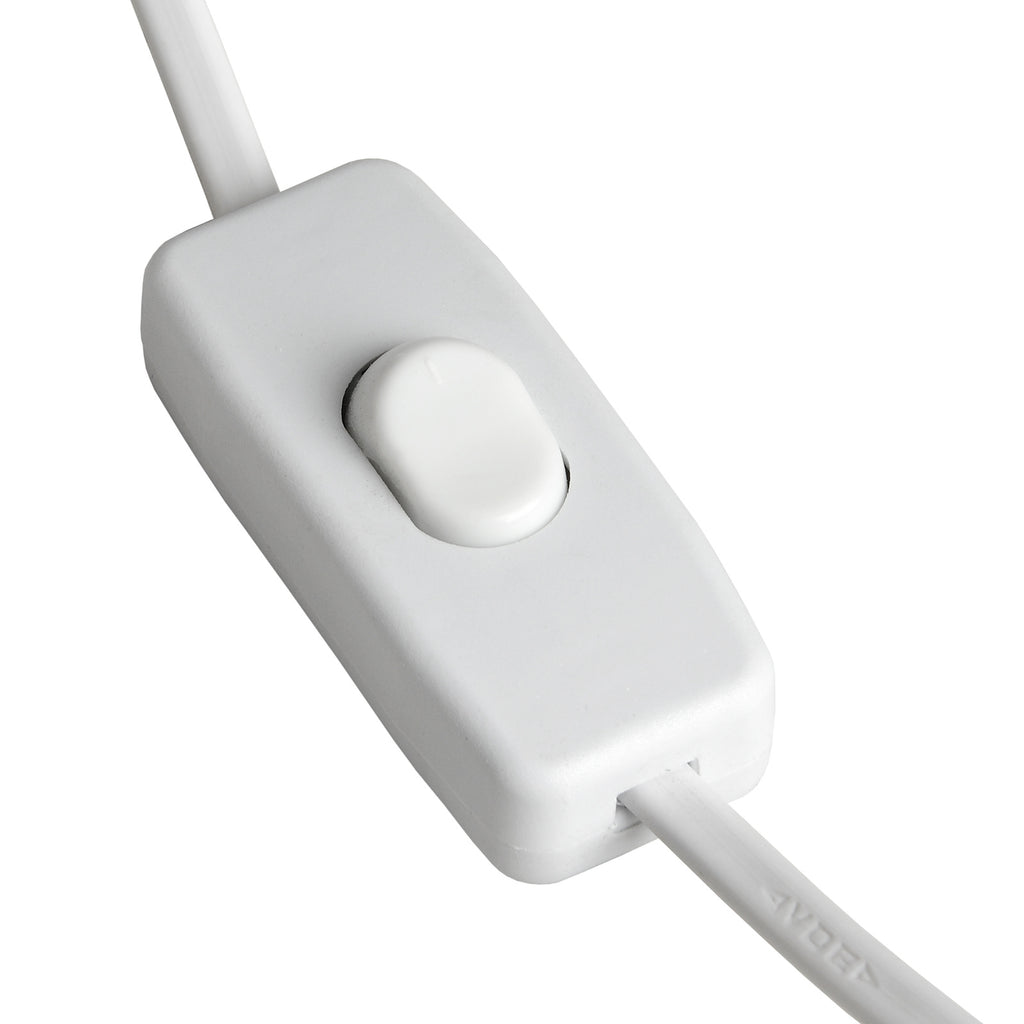 White inline rocker switch on the lamp's white flex against a white background.