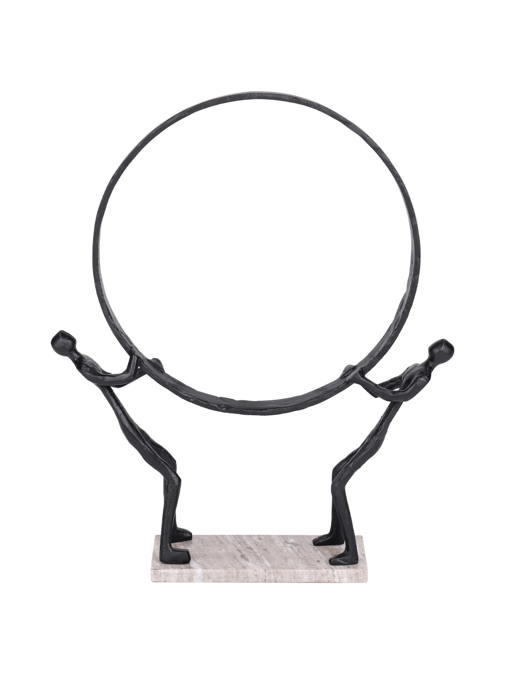 Front view of two black abstract figures holding a large circular ring on a pale rectangular marble base.