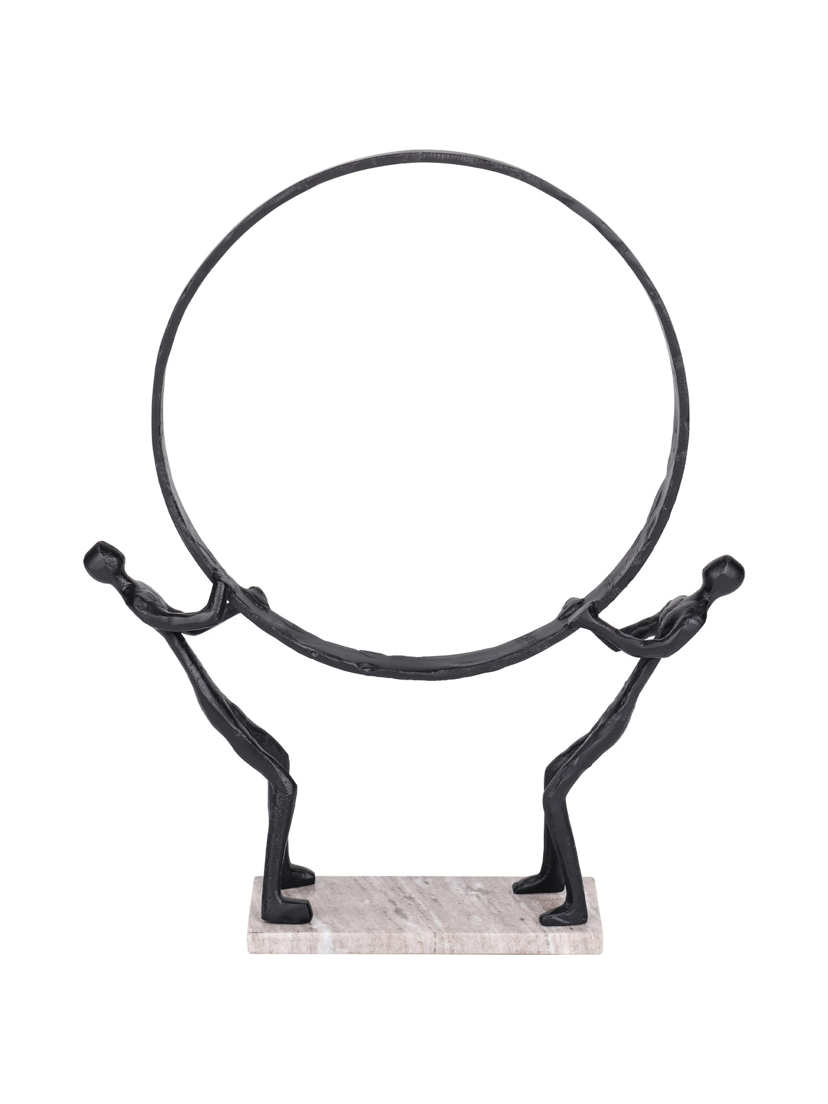 Front view of two black abstract figures holding a large circular ring on a pale rectangular marble base.
