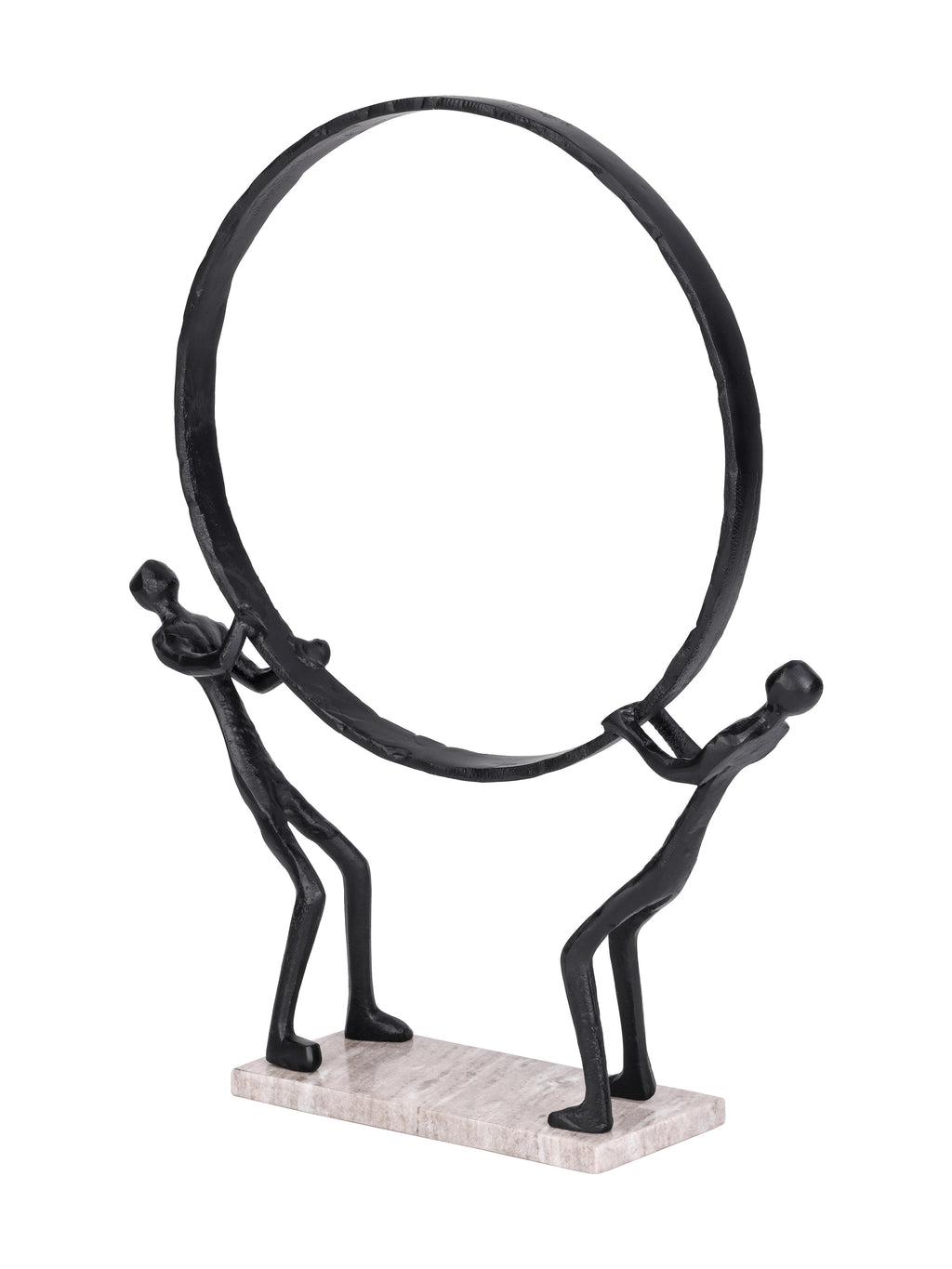 Angled view of the ring-bearing figures sculpture, showing the depth of the black ring and rectangular marble base.