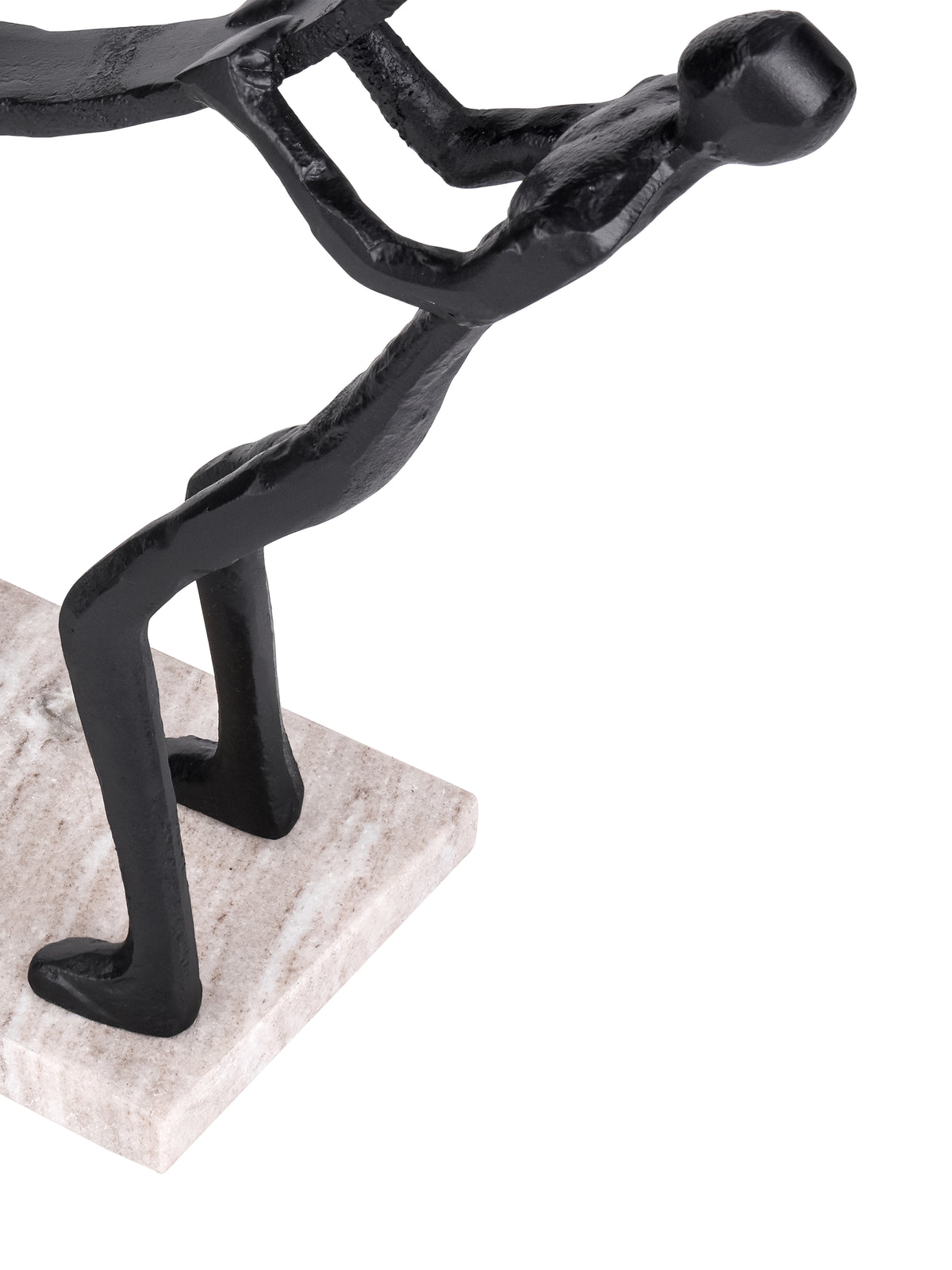 Detail of a leaning black figure with bent legs and raised arms, standing on the pale veined marble base.