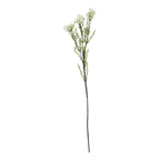 Full view of a slender artificial flower stem with burgundy-brown branches, cream-white flower clusters and fine green foliage against a white background.