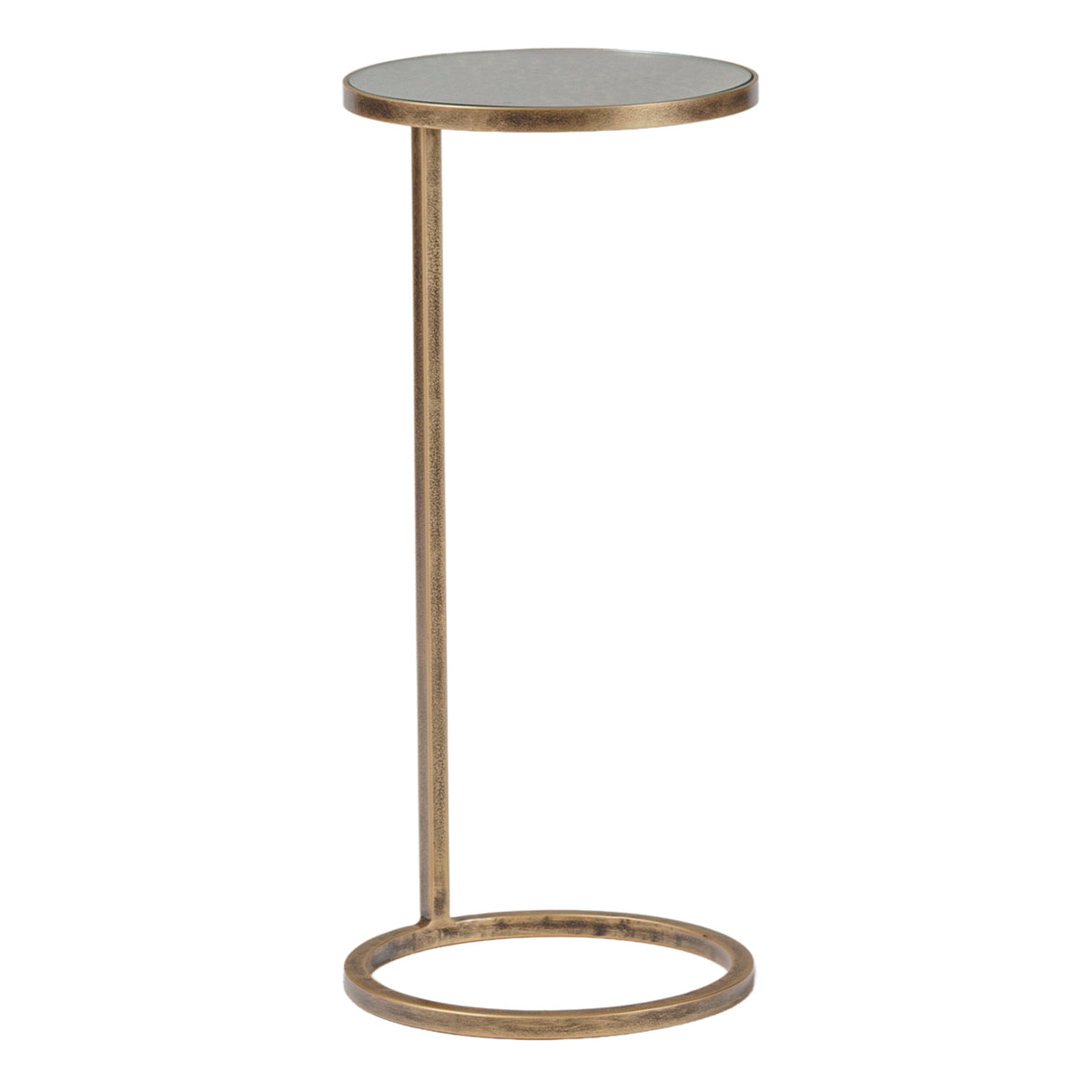Ring Foot Accent Table against a white background, showing its round glass top, antique-gold frame, single upright and open circular base.