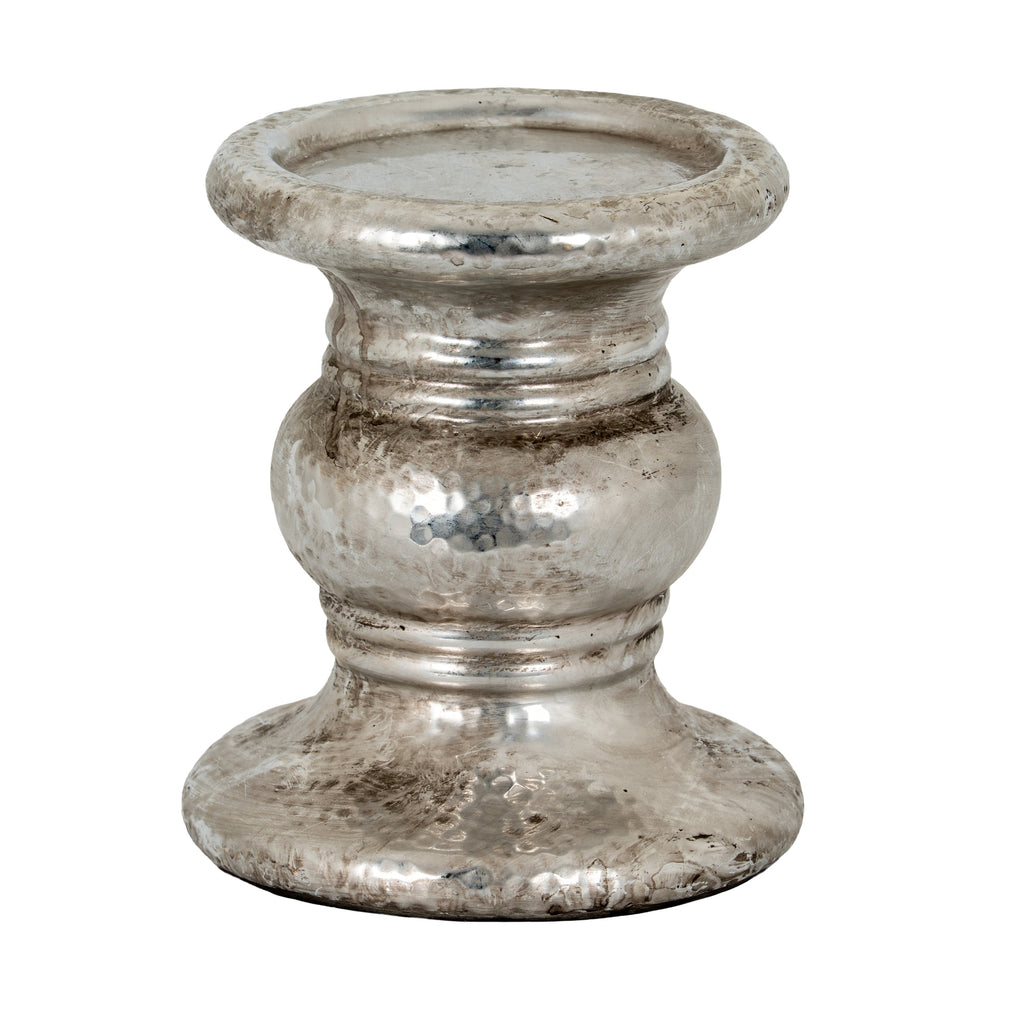 Ringed Bulb Candle Holder with a broad circular top, rounded centre and flared foot in a distressed silver-coloured finish.