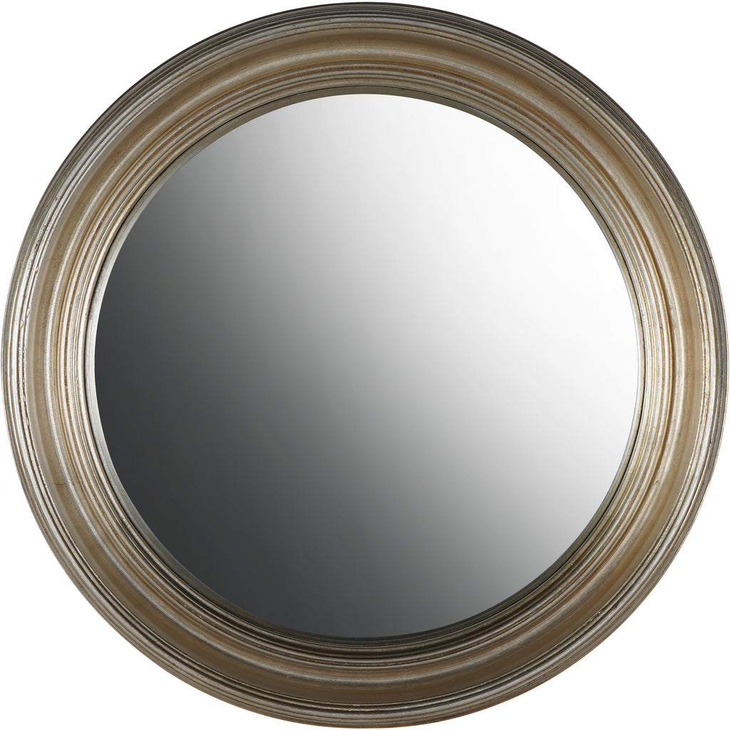 Front view of a round convex mirror surrounded by a broad country-silver frame with concentric raised rings.