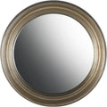 Front view of a round convex mirror surrounded by a broad country-silver frame with concentric raised rings.