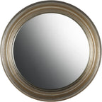 Front view of a round convex mirror surrounded by a broad country-silver frame with concentric raised rings.