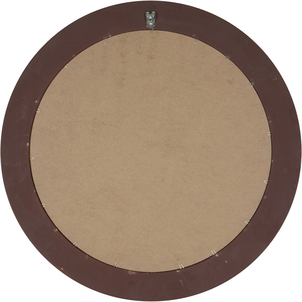 Rear view of the mirror showing a circular backing panel, retaining clips and a metal hanging fitting at the top.