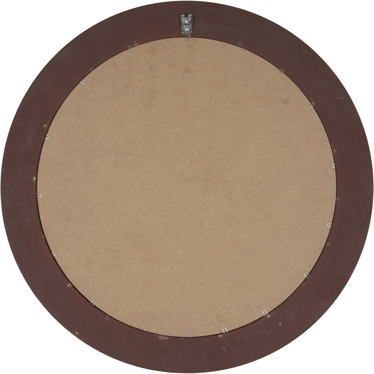 Rear view of the mirror showing a circular backing panel, retaining clips and a metal hanging fitting at the top.