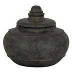 Charcoal-black squat decorative pot with its lid in place, showing a rounded ringed finial, raised shoulder band and mottled surface.